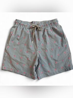 RAINFOREST Navy and White Striped Seersucker Shorts with Pink Flamingos